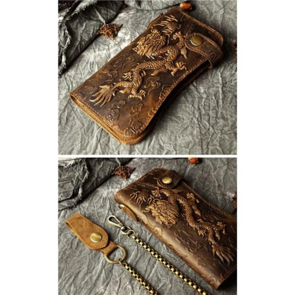 Mens Genuine Leather Bifold Wallet Organizer Checkbook Iron Chain - Picture 5 of 8